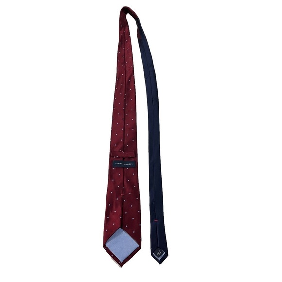 Tommy Hilfiger Men Burgundy & Periwinkle Blue Dots All Over 100% Silk Necktie - Picture 3 of 8